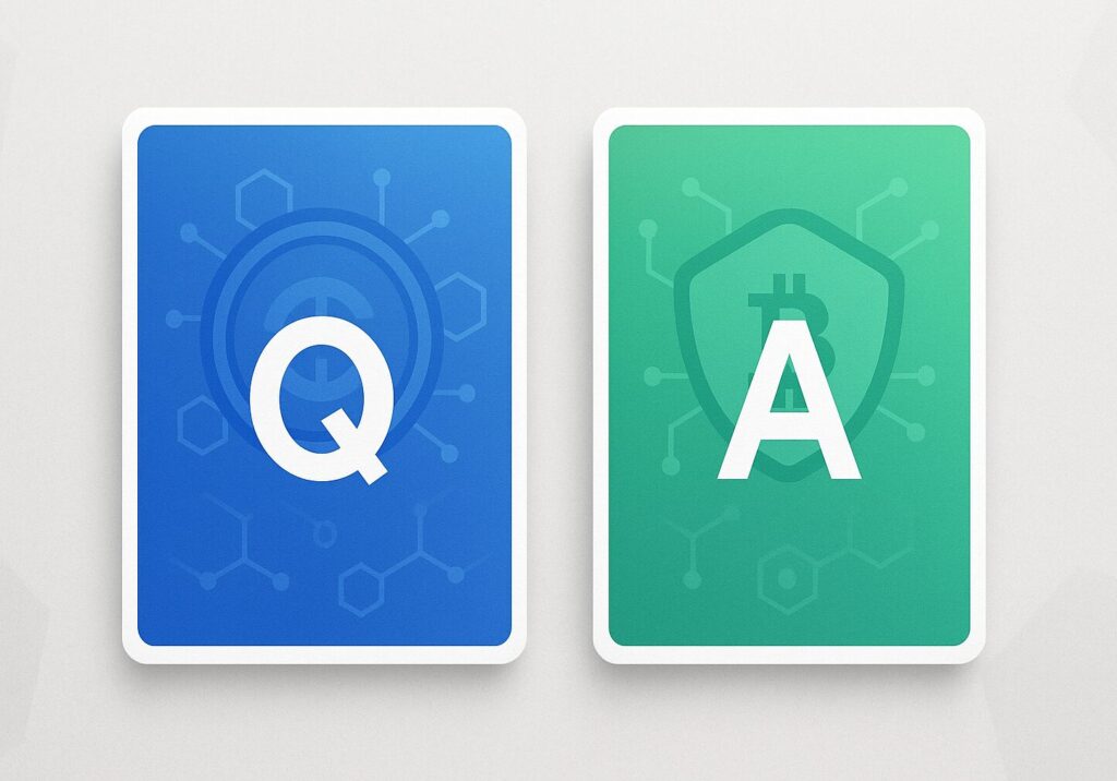 暗号資産FAQを象徴するイメージ。中央に大きなQとAのアイコンを配置し、Qはブルー系背景(ブロックチェーン模様)、Aはグリーン系背景(トークン模様)で表現されたシンプルで信頼感のあるデザイン