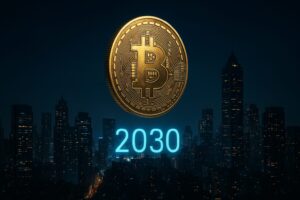 2030年を見据えるビットコインの未来像｜未来都市の夜景に浮かぶ金色のBTCモニュメント（16:9）