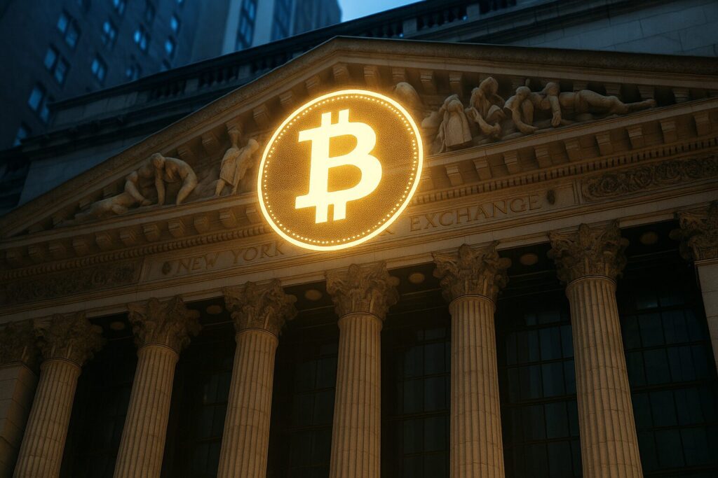 ビットコインETFと制度化の進展｜証券取引所の外観に重なるBTCサイン（16:9）