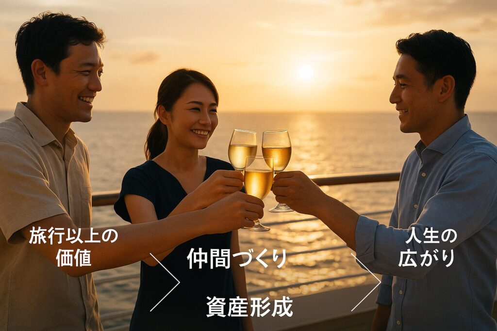 夕日を背にしたクルーズ船デッキで、日本人の仲間たちがグラスを掲げて乾杯する様子。画面上には「旅行以上の価値」→「仲間づくり」→「資産形成」→「人生の広がり」と矢印でつながれたテキストが重なり、学びと交流を象徴するインフォグラフィック。