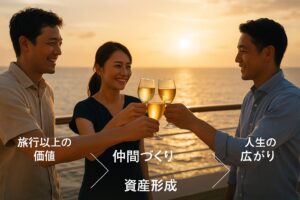 夕日を背にしたクルーズ船デッキで、日本人の仲間たちがグラスを掲げて乾杯する様子。画面上には「旅行以上の価値」→「仲間づくり」→「資産形成」→「人生の広がり」と矢印でつながれたテキストが重なり、学びと交流を象徴するインフォグラフィック。