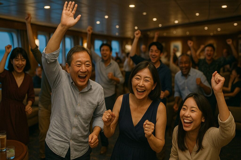 豪華クルージング船内で、日本人の老若男女が笑顔で手を挙げながらパーティーを楽しんでいる様子。臨場感あふれる大広間で歓声と笑いが広がっている