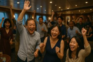 豪華クルージング船内で、日本人の老若男女が笑顔で手を挙げながらパーティーを楽しんでいる様子。臨場感あふれる大広間で歓声と笑いが広がっている