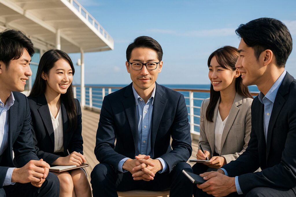 クルーズ船のデッキで、スリムで知的な雰囲気をまとった中年男性が中心に座り、ビジネスカジュアル姿の日本人の美男美女たちと学び合いながら語り合っている様子。背後には青い海と空が広がり、私塾のような知的な空気感が漂う