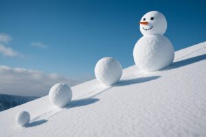 雪の坂道を転がる小さな雪玉が次第に大きくなり、最後は雪だるまになる様子を写した冬景色の写真