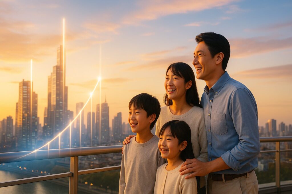 未来都市を背景に、日本人の家族がバルコニーで笑顔を見せるシーン。朝焼けの空に上昇する光のラインが描かれ、資産の安定と希望的な未来を象徴している。