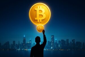 未来都市の夜景を背景に、輝くビットコインを掲げる人物のシルエット。0.1BTCが未来の富を象徴している。