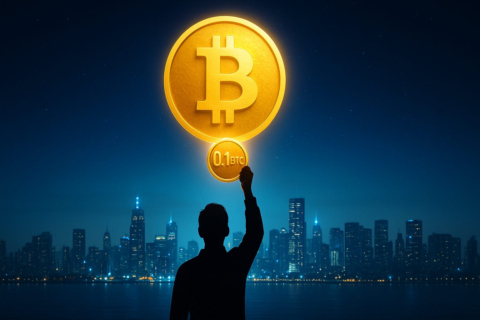 未来都市の夜景を背景に、輝くビットコインを掲げる人物のシルエット。0.1BTCが未来の富を象徴している。