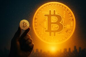 小さなビットコインを手にする人物と、背景に輝く巨大なビットコインが未来の資産価値を示す。