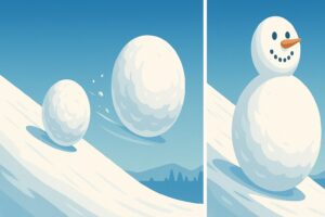 雪玉が転がりながら大きくなり、複利の力で資産が加速度的に膨らむ様子を表現。