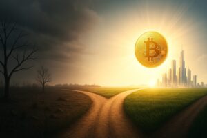 二股に分かれる道。左は暗く枯れた道、右は光に包まれた未来都市へ続く道。人生の選択の重要性を示す。