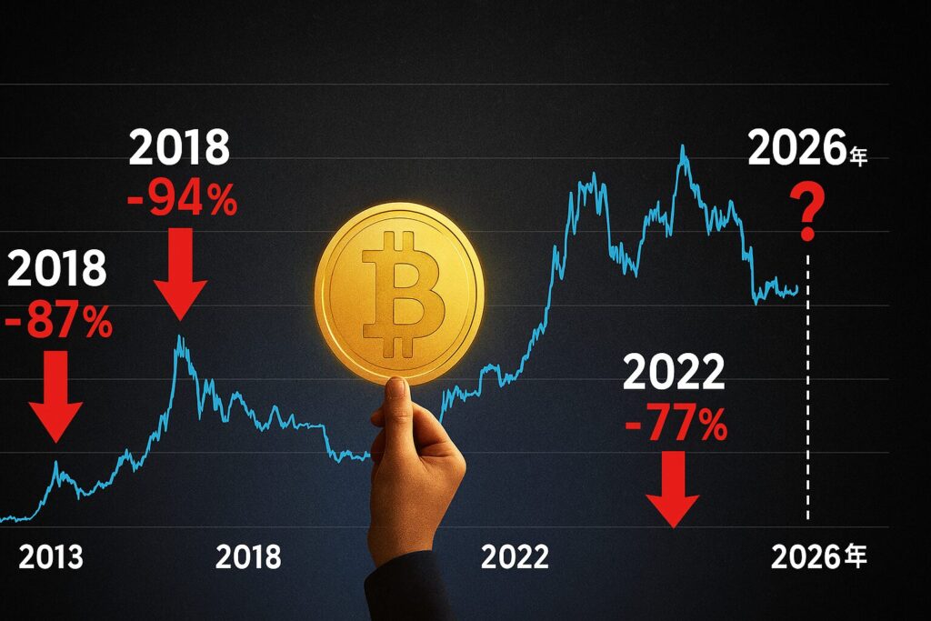 ビットコインの価格推移グラフ。2013年(−94%)、2018年(−87%)、2022年(−77%)の暴落が赤い矢印で示され、右端に「2026年?」とマークされている。過去の暴落サイクルが未来の可能性を示唆するデザイン。