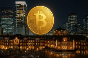 東京の金融街の夜景に浮かぶビットコインロゴ 16:9