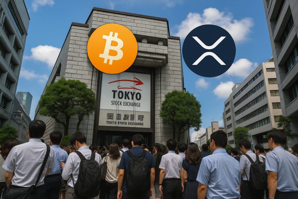 東京証券取引所の建物前に集まる人々、その空にビットコインとXRPのロゴが重なって浮かぶ
