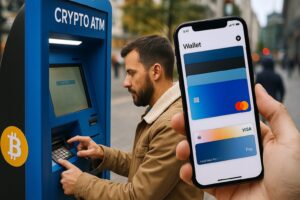 街中に設置された暗号資産ATMを操作する人、その横にAppleウォレットを開いたスマホ画面