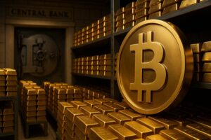 中央銀行の金庫に積まれた金塊と並んで置かれる巨大なビットコインロゴ