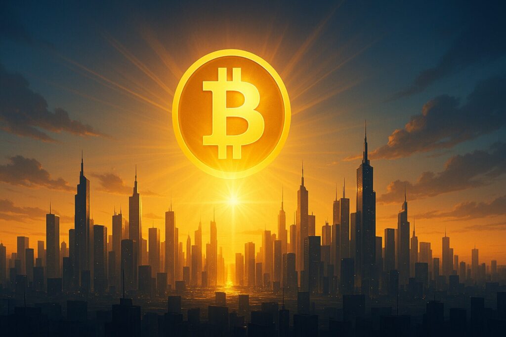 夜明けの未来都市の空に輝くビットコインロゴ。