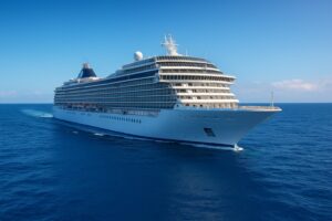 青い海を進む豪華客船の全景。非日常の旅の始まりを象徴する風景。