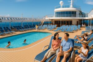 船内デッキ中央の広いプールとラウンジチェア。背景に広い海と青空。 旅行者が笑顔で過ごしている様子を入れる。