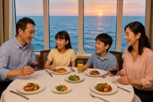 船内レストランで、窓の外に海を背景にしながら食事を楽しむ日本人家族。 テーブルには多彩な料理とワイングラス。