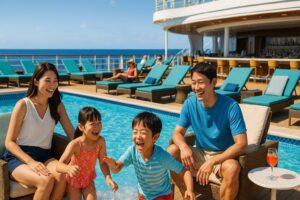 プールサイドで遊ぶ子どもたちと、リラックスする大人。 背景に青い海と豪華な船内設備。