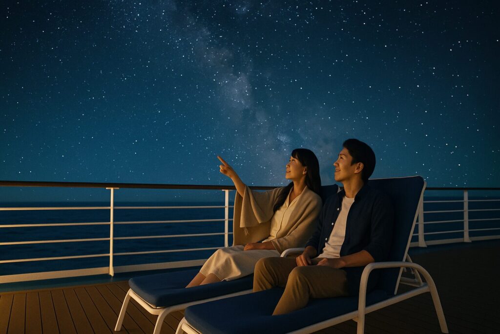 夜のデッキで星空を見上げる日本人カップル。 背景に満天の星と海の夜景。