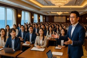 豪華クルーズ船のデラックスルームで、講師役の男性が100人規模の参加者に語りかけている様子。テーブルの上にはノートPCや資料が並び、窓の外には青い海が広がる。参加者はビジネスカジュアル姿の日本人男女で、知的で活気ある学びの空間が演出されている