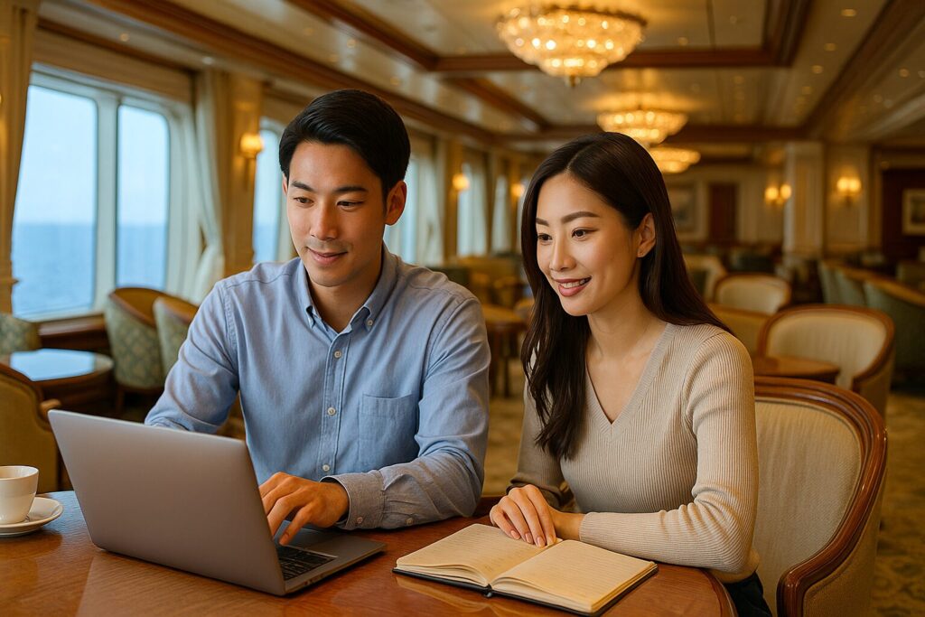 豪華クルーズ船の洗練されたカフェスペースで、若い日本人男女がノートPCを操作しながら学び合っている様子。窓の外には青い海が広がり、上質なシャンデリアと落ち着いた内装が非日常感を演出している