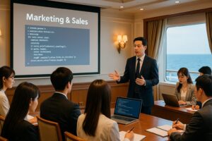 豪華クルーズ船のセミナールームで、講師がスライドを使って説明し、参加者が真剣にメモを取っている。スライドにはプログラミング言語のコードが表示され、窓の外には青い海が広がっている。参加者はビジネスカジュアル姿の日本人男女で、集中した雰囲気が漂う