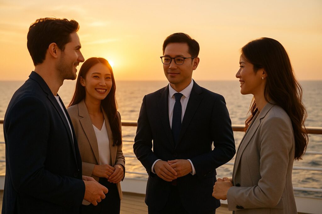 豪華クルーズ船のデッキで、ビジネスカジュアル姿の男女が夕日を背に対話している。背後には黄金色に染まる海が広がり、温かく落ち着いた雰囲気の中で学びと交流の時間を楽しんでいる