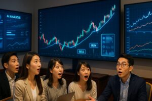 セミナールームで複数の大型モニターにリアルタイムのチャートとAI分析が表示され、ビジネスカジュアルの日本人参加者が驚きの表情で見入っている