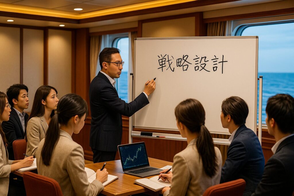 豪華クルーズ船のセミナールームで、講師役の男性がホワイトボードに大きく『戦略設計』と書き、参加者の日本人男女がビジネスカジュアル姿で真剣にノートを取りながら学んでいる。集中した雰囲気が漂うシーン