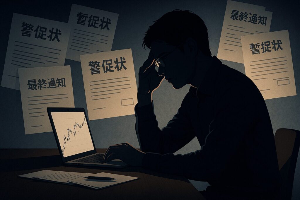 【画像案】机に向かって夜遅くまで作業する男性のシルエット。背後に散らばる督促状や書類が対比的に描かれるイメージ