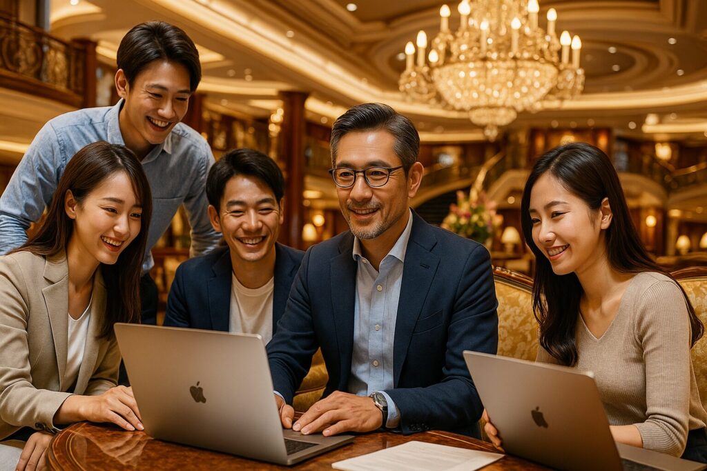 【画像案】豪華なラウンジで、数人の日本人参加者が談笑しながら書類を確認しているシーン