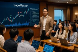 【画像案】大画面にSageMaster（セージマスター）の稼働画面が映し出され、参加者がノートPCを開きながら理解を深めているシーン