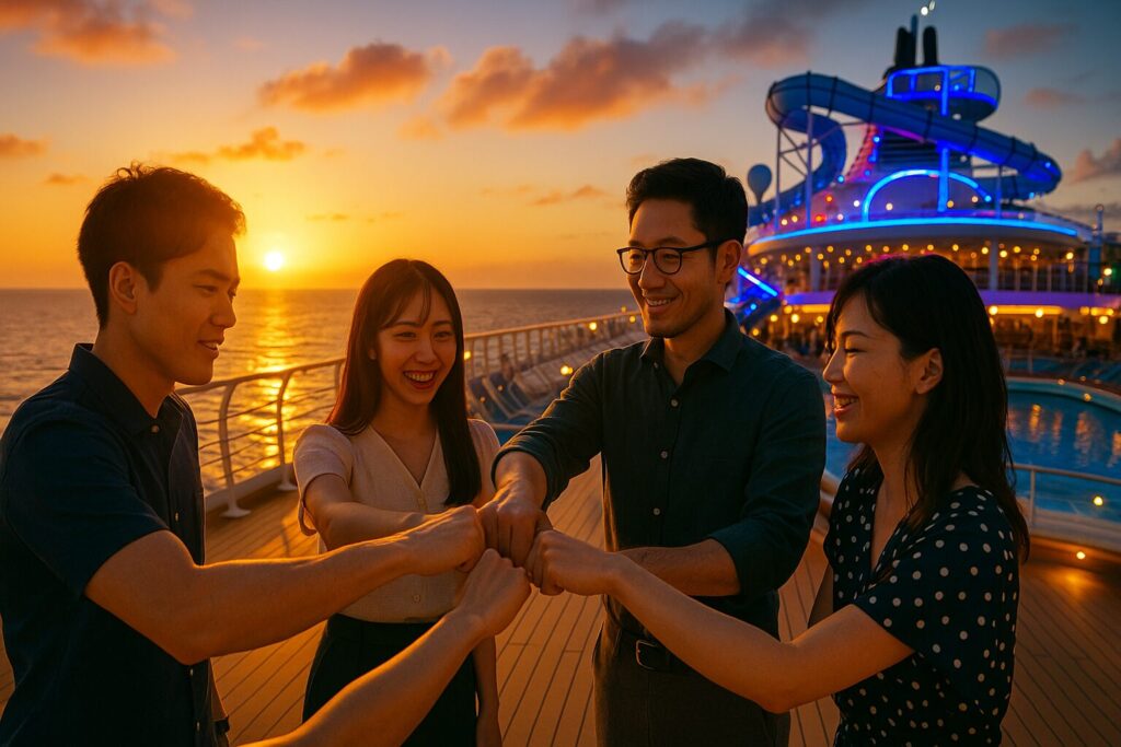 【画像案】クルーズ船のデッキで夕日を背に、参加者たちが拳を合わせるシーン。決意と仲間意識を象徴