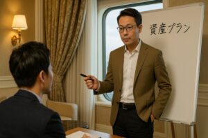 超VIPルームで、中野和幸がホワイトボードに資産プランを書きながら、少人数の日本人参加者の真剣な相談を受けている。高級感ある内装と落ち着いた照明に包まれ、参加者はノートや資料を確認しながら質問している。集中感と信頼感にあふれた特別なセッション