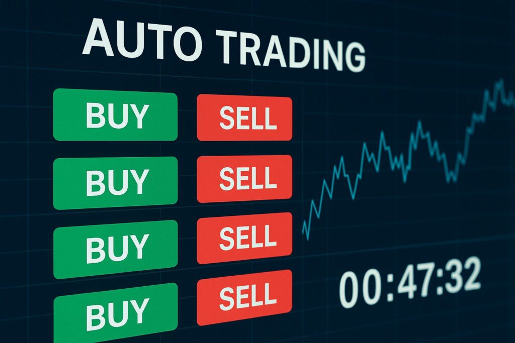 トレード画面にBUYとSELLの文字が規則的に並び、冷静に売買が繰り返されている様子を表すデジタルイメージ。16:9の横長比率で描かれ、機械的な正確さとAIトレードの再現性を象徴している