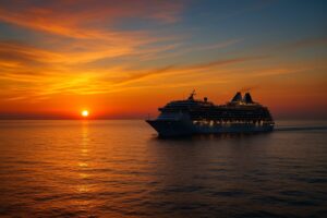 夕焼けの海を進む豪華客船　新しい未来を象徴する旅立ちのイメージ