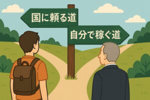 二股の道で「国に頼る」「自分で稼ぐ」と示された看板を見つめる人々