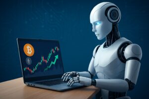 H2：暗号資産とAIは最強の武器になる 画像案：AIロボットがパソコンで暗号資産チャートを解析している写実的イメージ