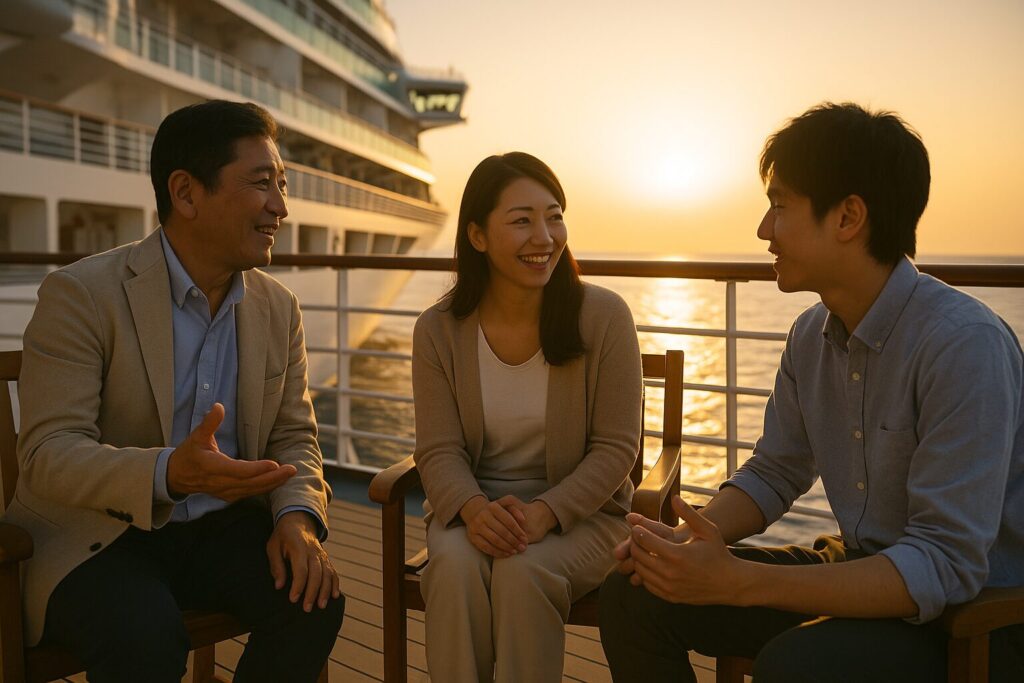 豪華クルーズ船のデッキで仲間たちが未来を語り合う風景