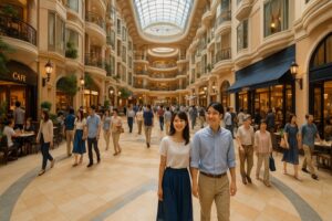 超豪華客船の船内 まるで街のような巨大なアトリウム ショップやカフェが並び 日本人乗客が散策している 写実的で明るい雰囲気 16:9 横長比率