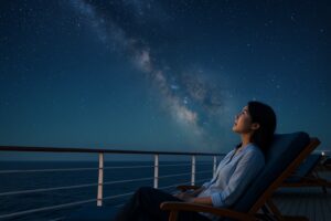 夜のクルーズデッキで星空を見上げる日本人