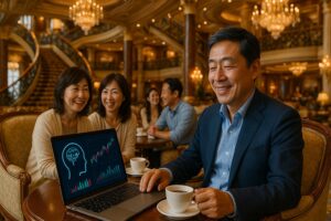 クルーズ船ラウンジで資産運用を確認する日本人