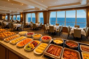 クルーズ船内の朝食ビュッフェと海の景色