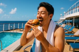 クルーズ船デッキでハンバーガーを食べる日本人
