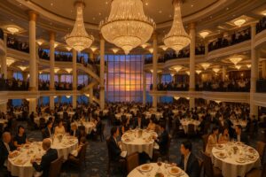 世界最大級のクルーズ船ダイニングで夕陽を背景に食事を楽しむ日本人