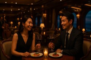 クルーズ船ラウンジでワインを楽しむ日本人