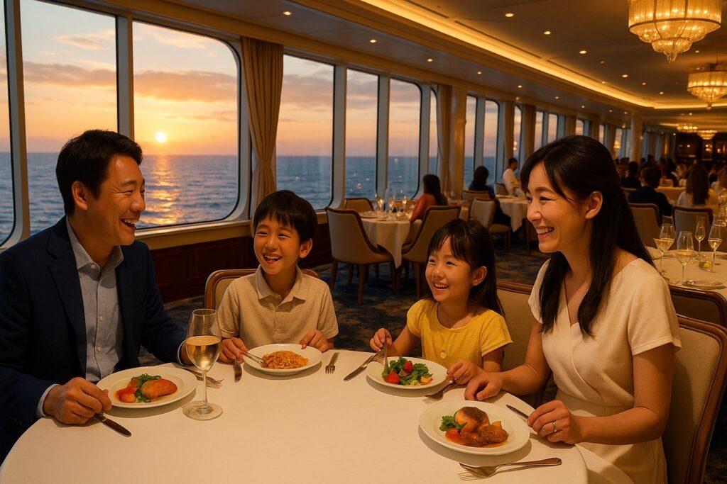 クルーズ船レストランで夕食を楽しむ日本人家族」 現在の世界最高級のクルーズ船での食事風景